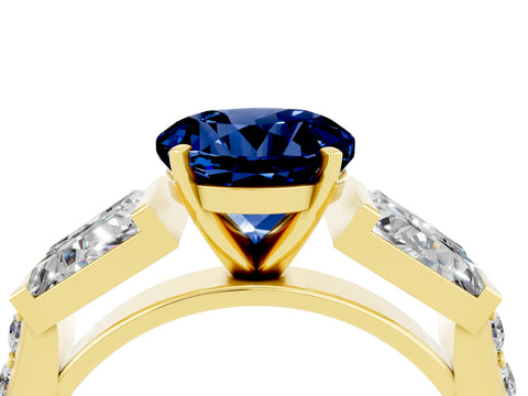 Yellow gold Round Cut Blue Sapphire Engagement Ring with Baguette Side Stones and Channel Set Band_4