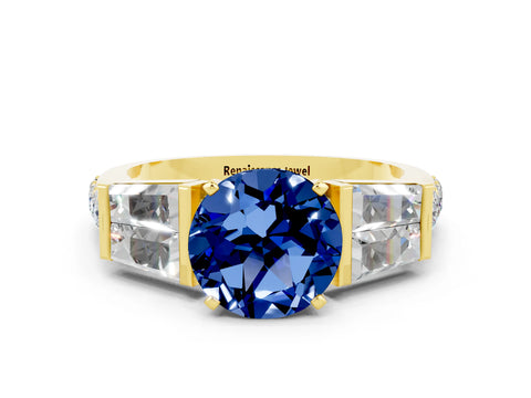 Yellow gold Round Cut Blue Sapphire Engagement Ring with Baguette Side Stones and Channel Set Band