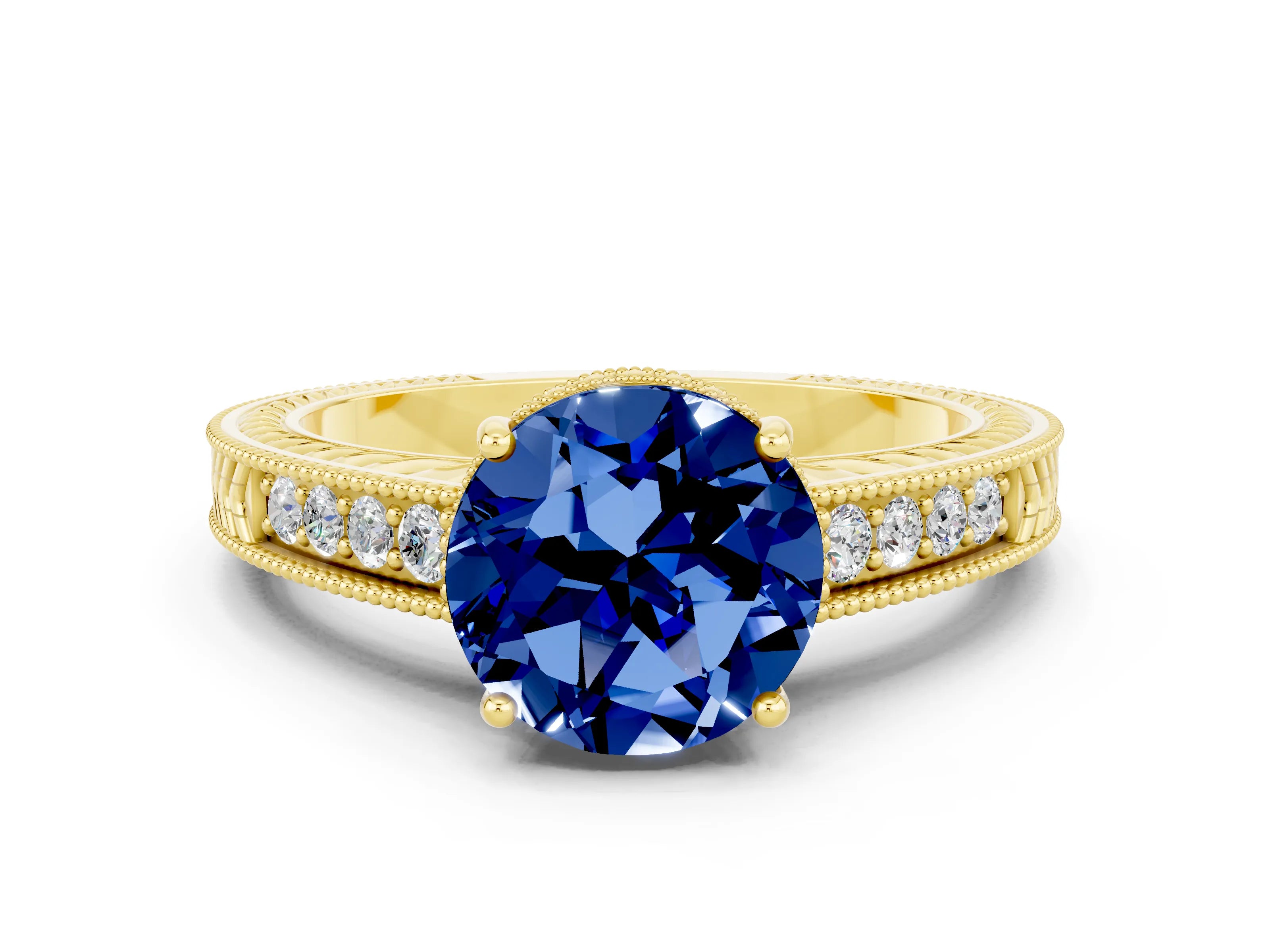 Yellow gold Round Cut Blue Sapphire Engagement Ring with Milgrain Channel Set Band and Prong Setting