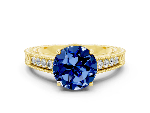 Yellow gold Round Cut Blue Sapphire Engagement Ring with Milgrain Channel Set Band and Prong Setting