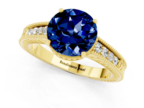 Yellow gold Round Cut Blue Sapphire Engagement Ring with Milgrain Channel Set Band and Prong Setting_1
