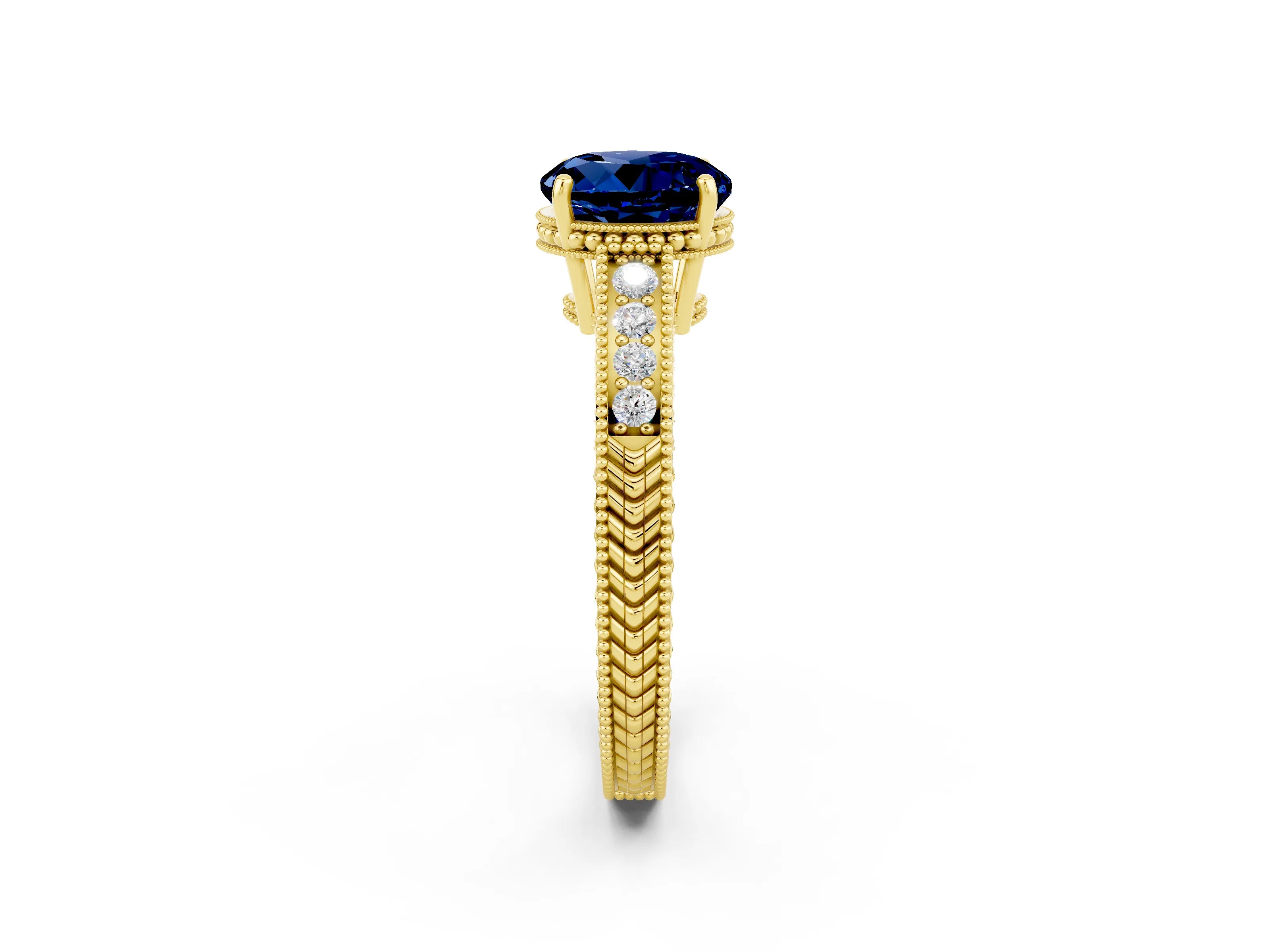 Yellow gold Round Cut Blue Sapphire Engagement Ring with Milgrain Channel Set Band and Prong Setting_2