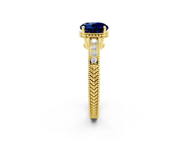 Yellow gold Round Cut Blue Sapphire Engagement Ring with Milgrain Channel Set Band and Prong Setting