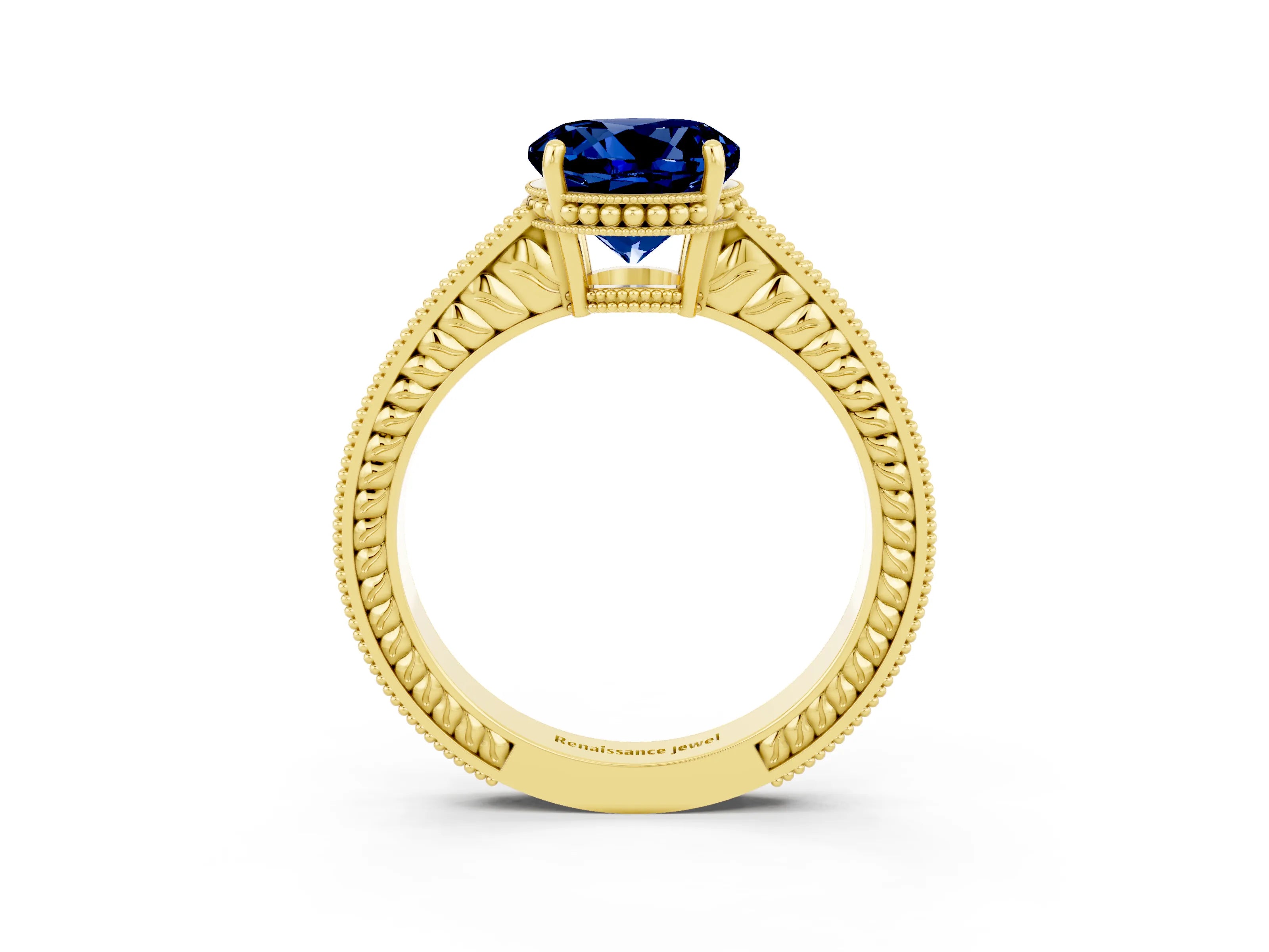 Yellow gold Round Cut Blue Sapphire Engagement Ring with Milgrain Channel Set Band and Prong Setting_3