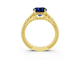 Yellow gold Round Cut Blue Sapphire Engagement Ring with Milgrain Channel Set Band and Prong Setting_3