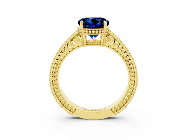 Yellow gold Round Cut Blue Sapphire Engagement Ring with Milgrain Channel Set Band and Prong Setting