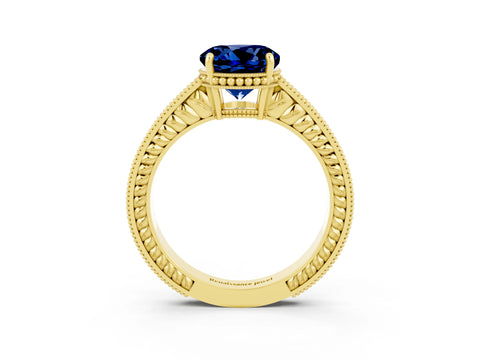 Yellow gold Round Cut Blue Sapphire Engagement Ring with Milgrain Channel Set Band and Prong Setting_3