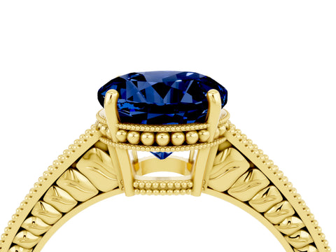 Yellow gold Round Cut Blue Sapphire Engagement Ring with Milgrain Channel Set Band and Prong Setting_4