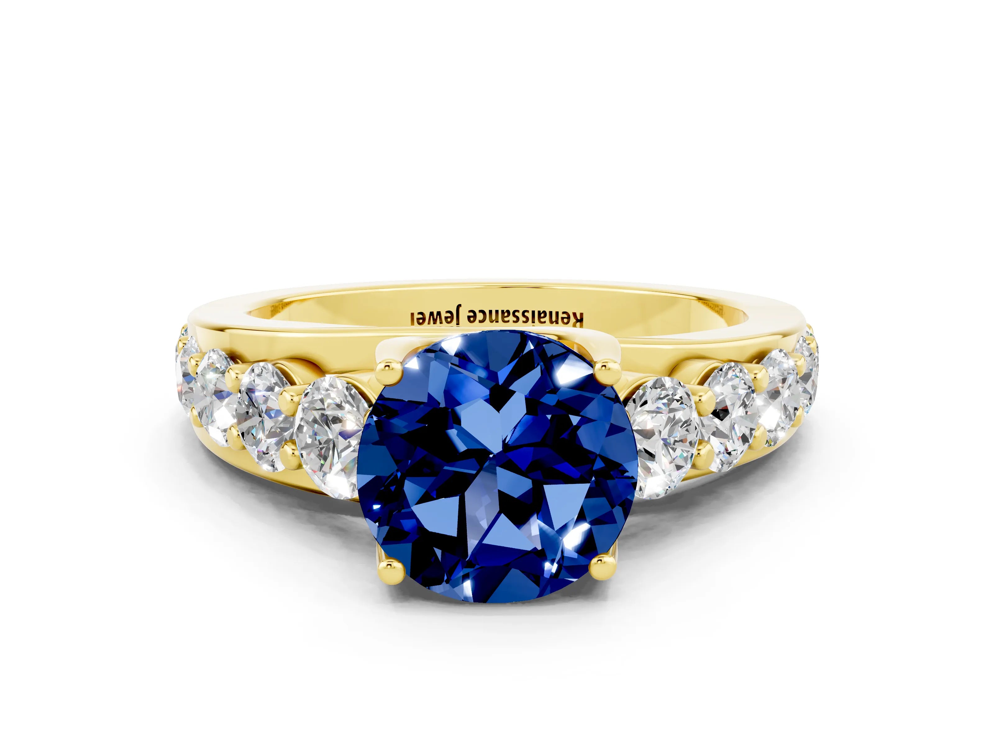 Yellow gold Round Cut Blue Sapphire Engagement Ring with Pavé Band and Four-Prong Setting