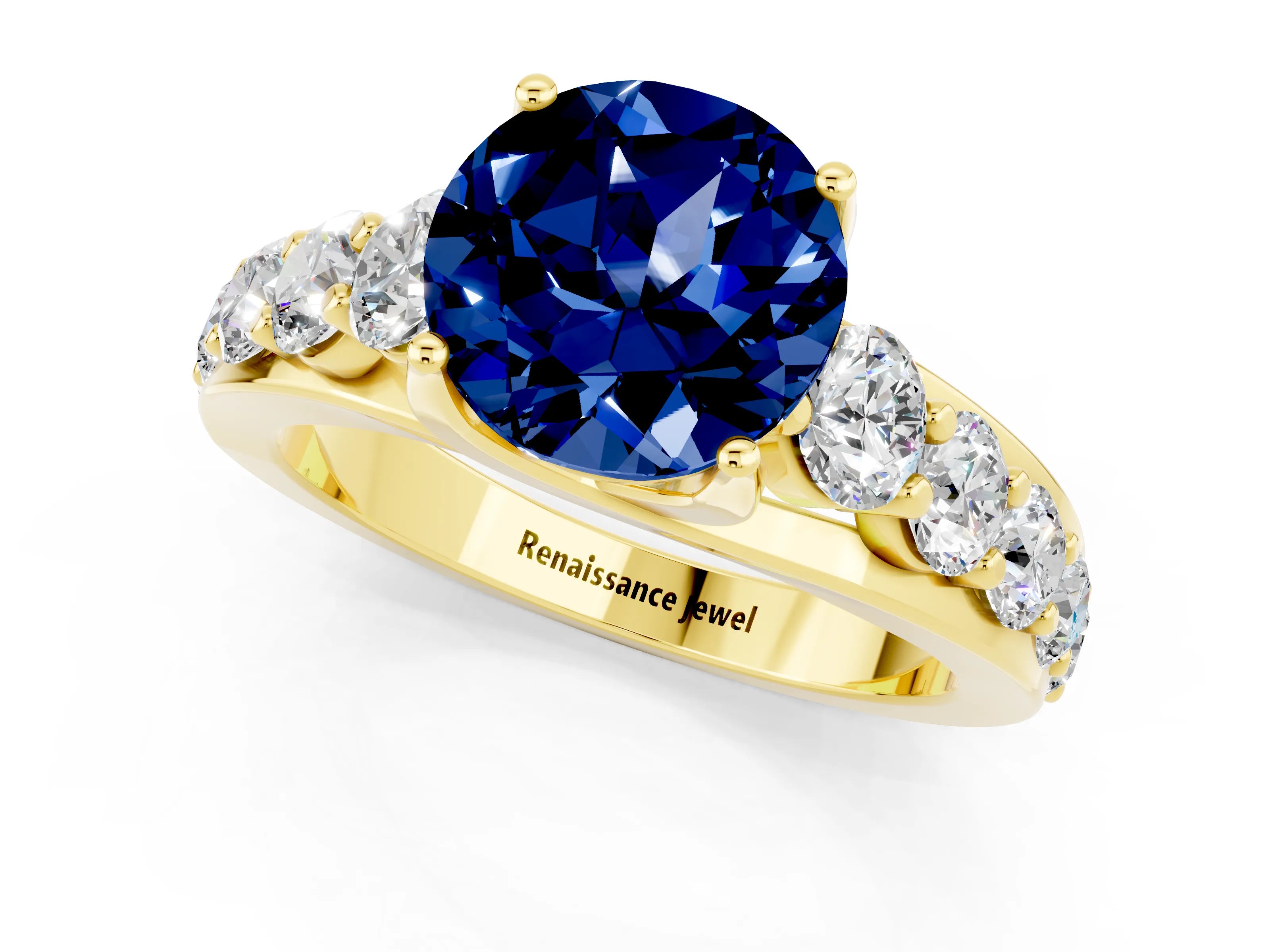 Yellow gold Round Cut Blue Sapphire Engagement Ring with Pavé Band and Four-Prong Setting_1