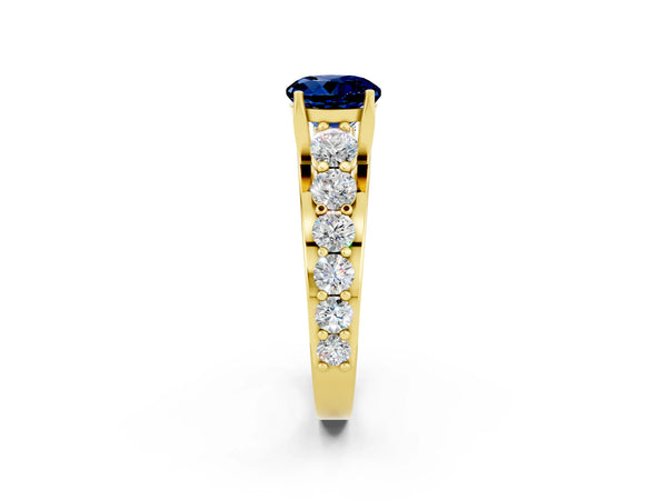 Yellow gold Round Cut Blue Sapphire Engagement Ring with Pavé Band and Four-Prong Setting