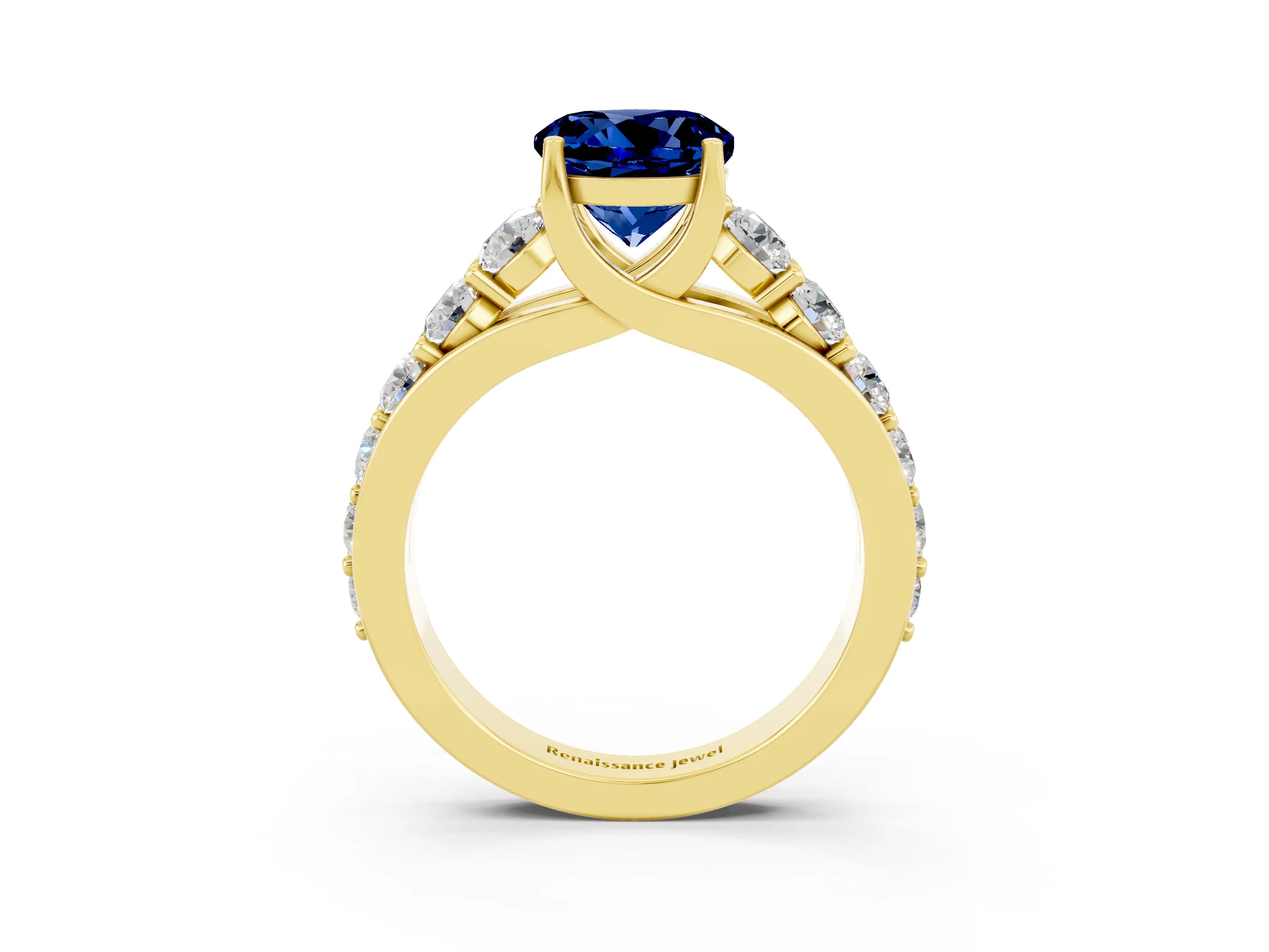 Yellow gold Round Cut Blue Sapphire Engagement Ring with Pavé Band and Four-Prong Setting_3