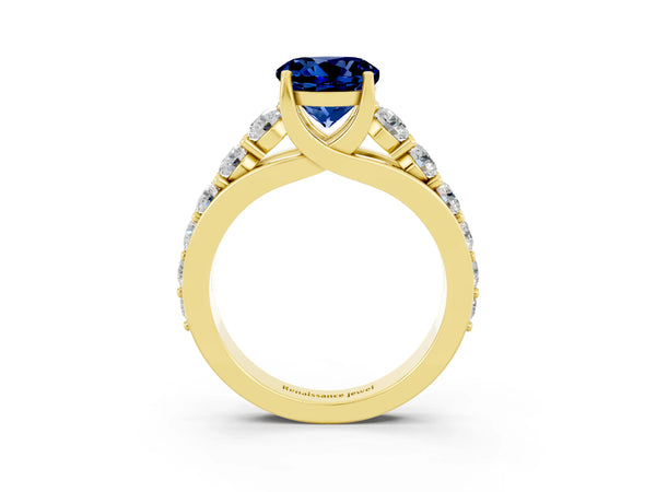 Yellow gold Round Cut Blue Sapphire Engagement Ring with Pavé Band and Four-Prong Setting