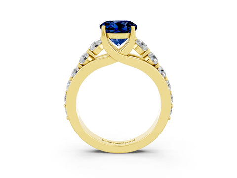 Yellow gold Round Cut Blue Sapphire Engagement Ring with Pavé Band and Four-Prong Setting_3