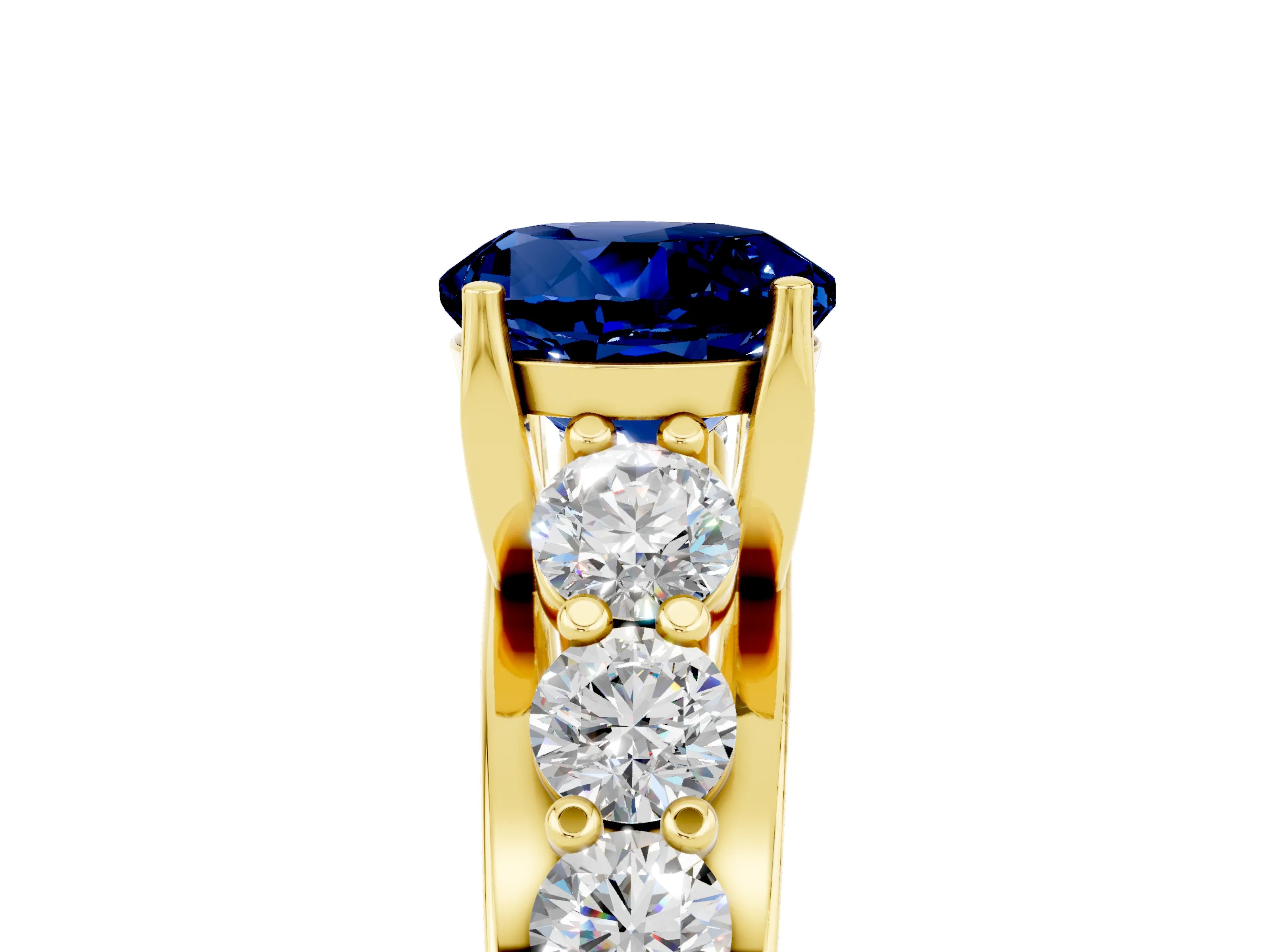 Yellow gold Round Cut Blue Sapphire Engagement Ring with Pavé Band and Four-Prong Setting_5