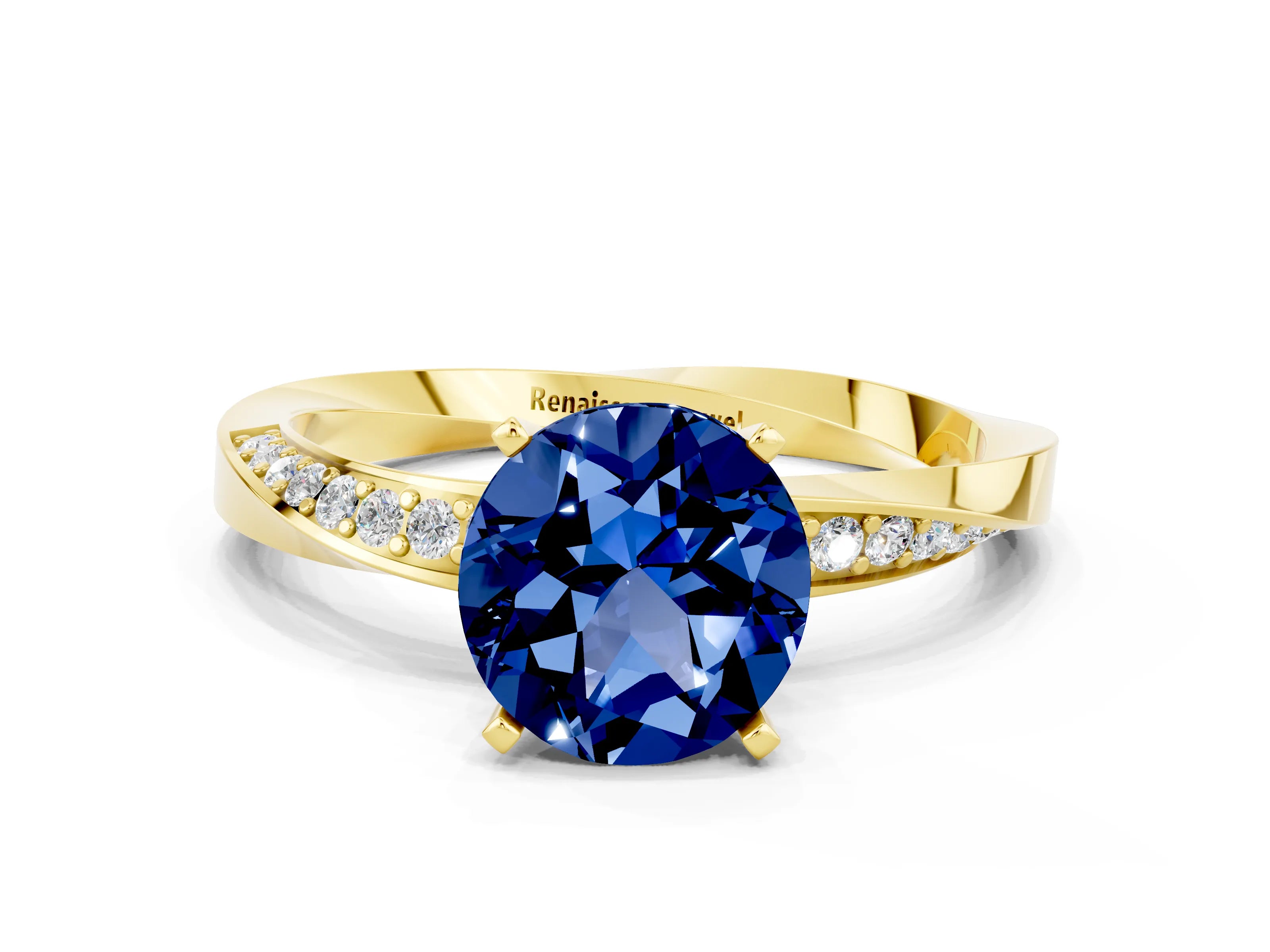 Yellow gold Round Cut Blue Sapphire Engagement Ring with Side Stone Accents and Four-Prong Setting_27