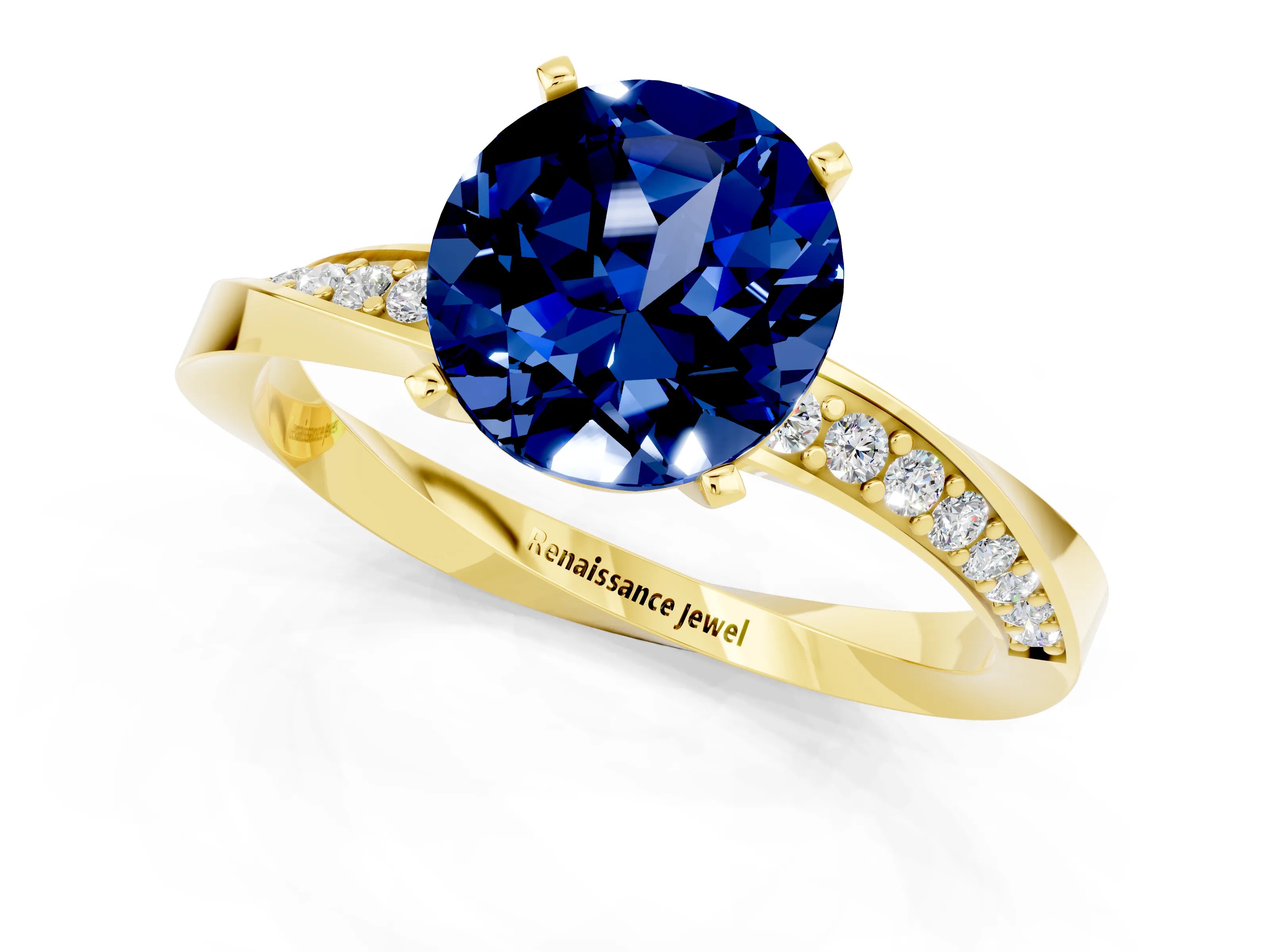 Yellow gold Round Cut Blue Sapphire Engagement Ring with Side Stone Accents and Four-Prong Setting_28
