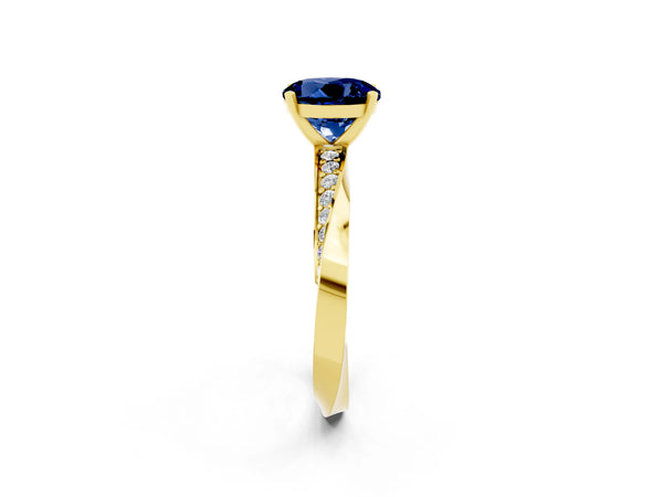 Yellow gold Round Cut Blue Sapphire Engagement Ring with Side Stone Accents and Four-Prong Setting