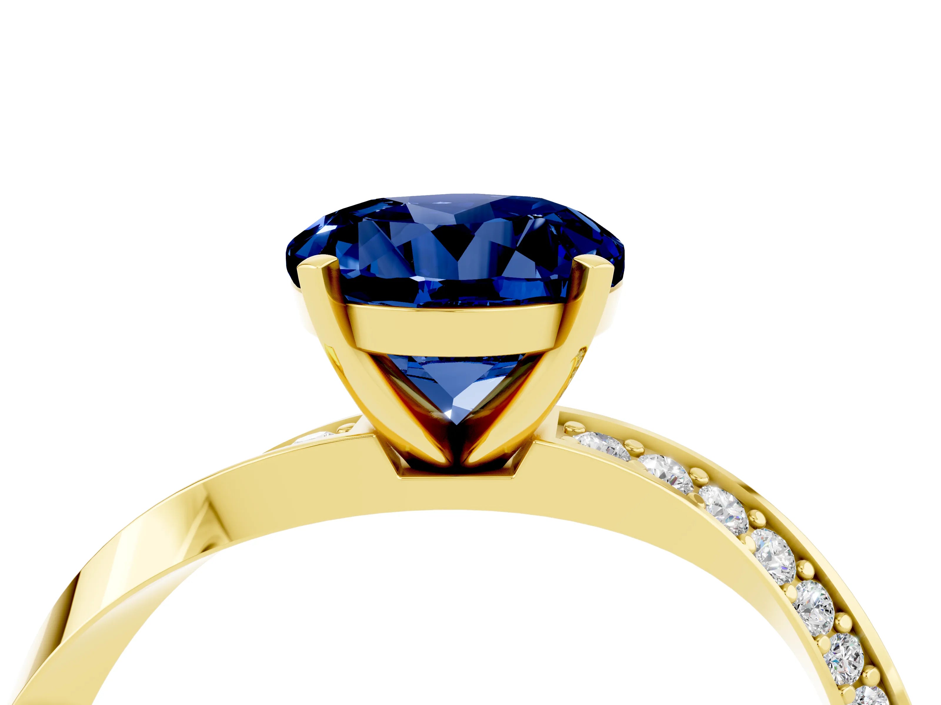 Yellow gold Round Cut Blue Sapphire Engagement Ring with Side Stone Accents and Four-Prong Setting_31