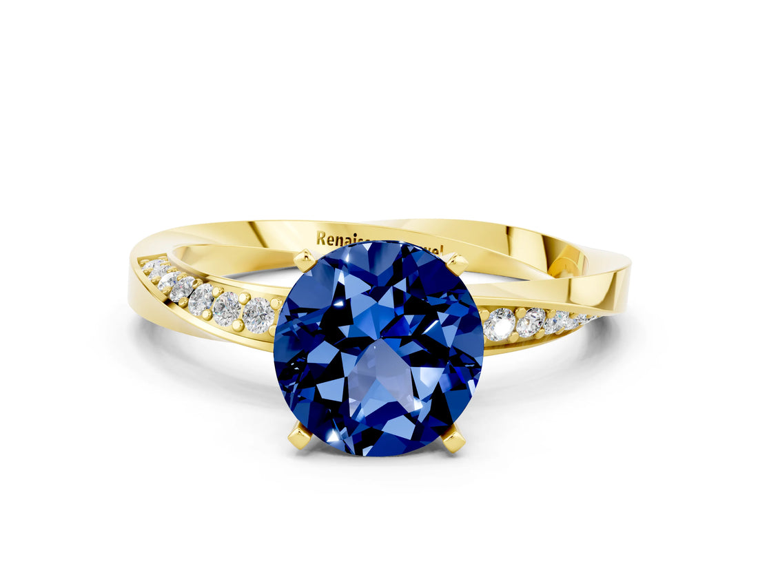Yellow gold Round Cut Blue Sapphire Engagement Ring with Side Stone Accents and Four-Prong Setting_60
