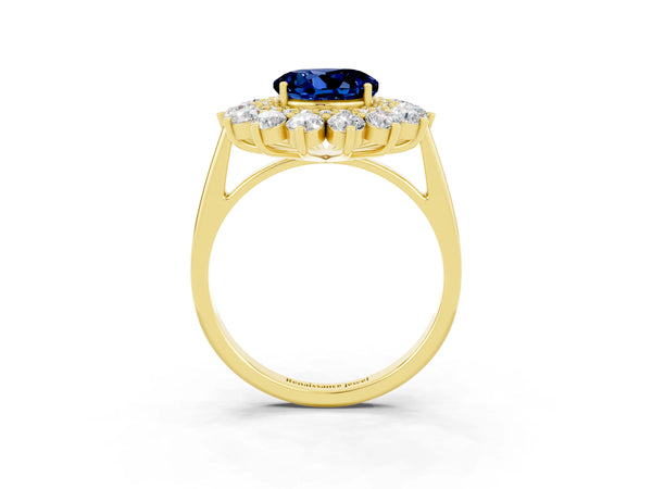 Yellow Gold Round Lab-Grown Blue Sapphire Floral Double Halo Engagement Ring with Plain Band
