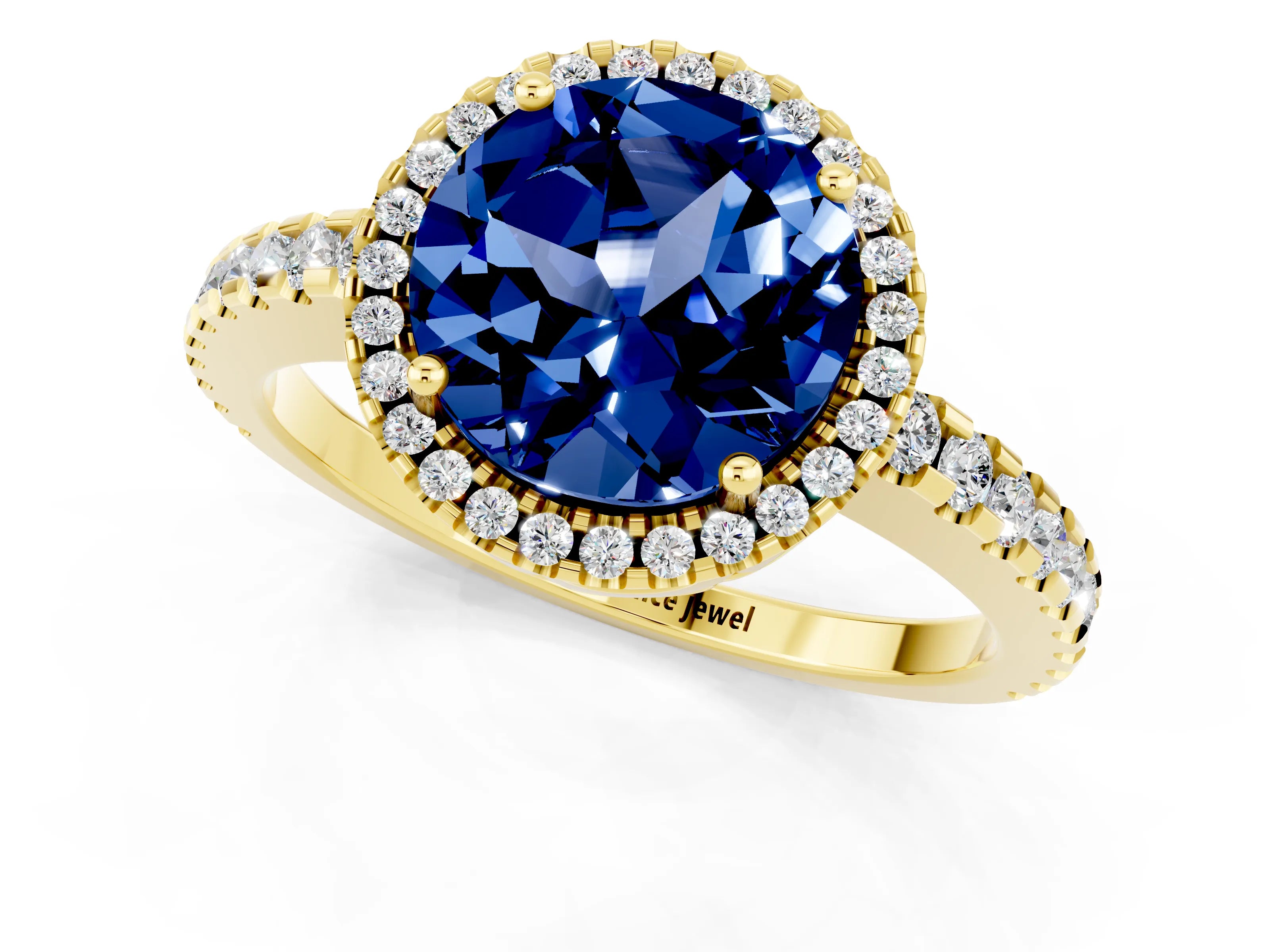 Yellow gold Round Cut Blue Sapphire Halo Engagement Ring with Pavé Band and Prong Setting_13