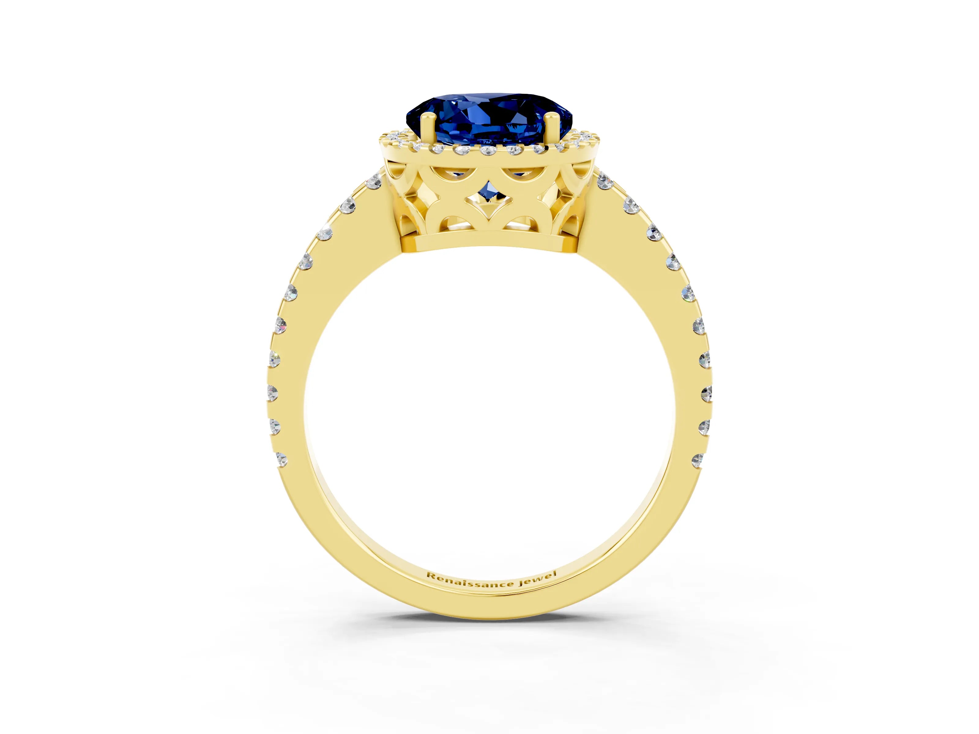 Yellow gold Round Cut Blue Sapphire Halo Engagement Ring with Pavé Band and Prong Setting_15