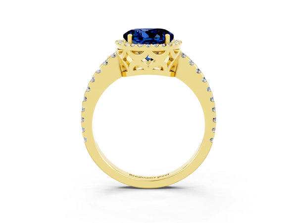 Yellow gold Round Cut Blue Sapphire Halo Engagement Ring with Pavé Band and Prong Setting