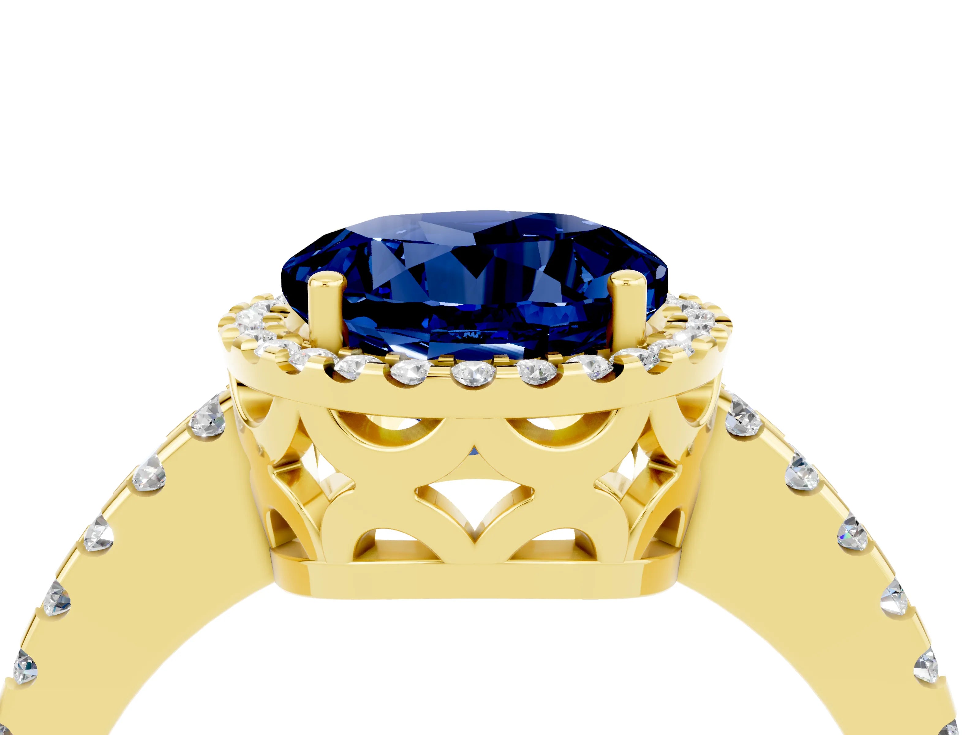 Yellow gold Round Cut Blue Sapphire Halo Engagement Ring with Pavé Band and Prong Setting_16