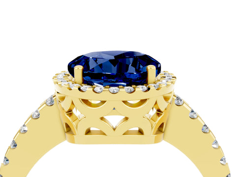 Yellow gold Round Cut Blue Sapphire Halo Engagement Ring with Pavé Band and Prong Setting_16