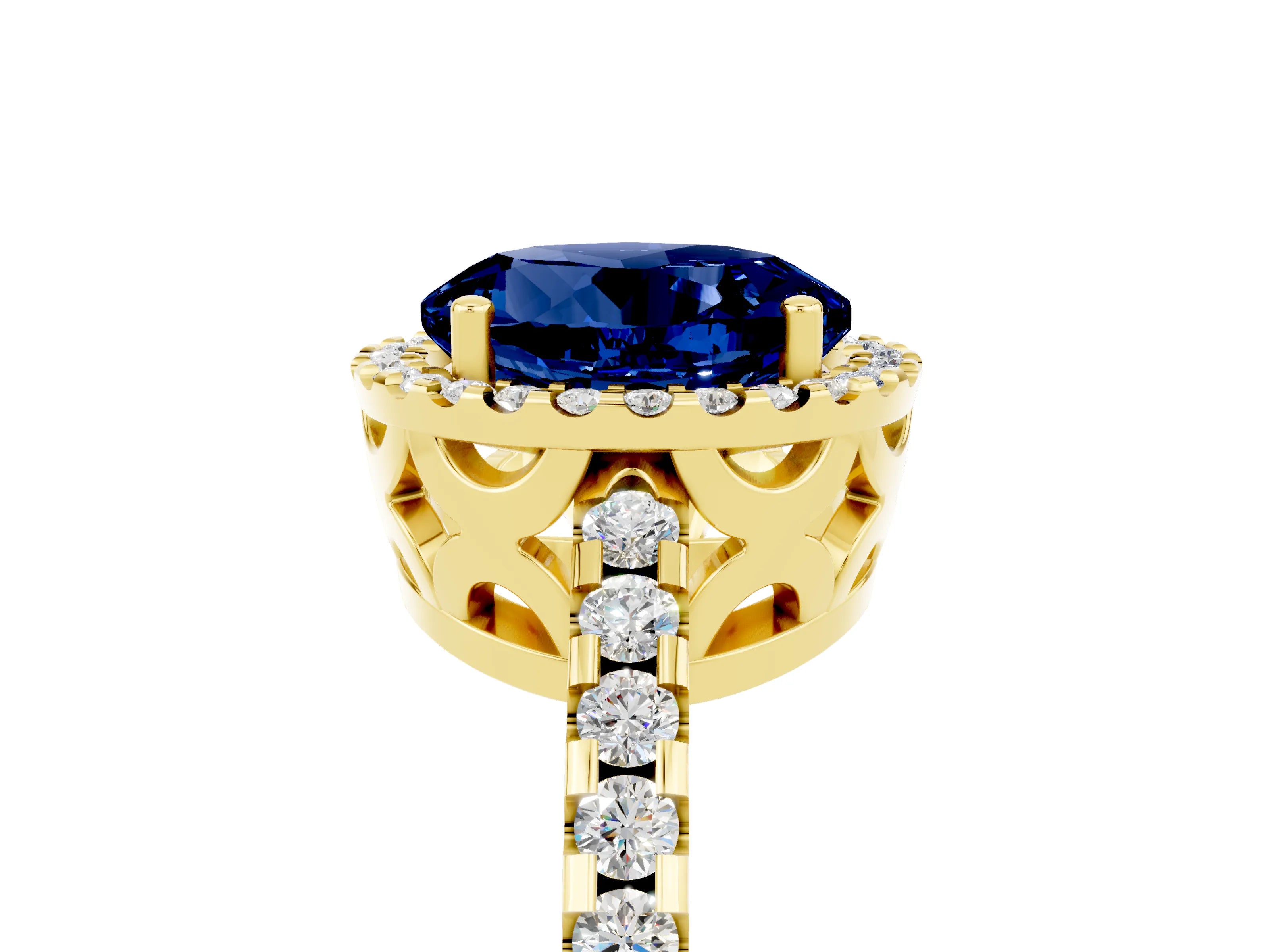 Yellow gold Round Cut Blue Sapphire Halo Engagement Ring with Pavé Band and Prong Setting_17
