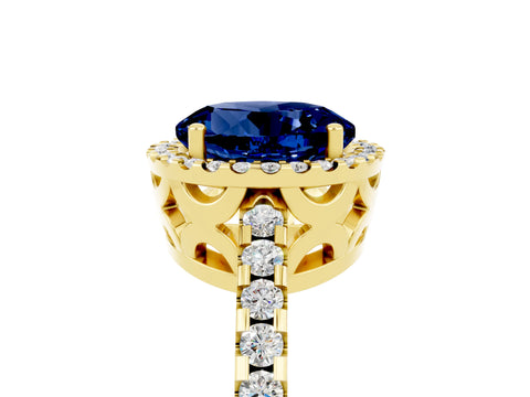 Yellow gold Round Cut Blue Sapphire Halo Engagement Ring with Pavé Band and Prong Setting_17