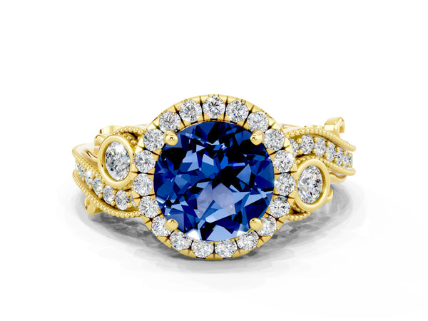 Yellow gold Round Cut Blue Sapphire Halo Ring with Milgrain Pavé Band and Four-Prong Setting