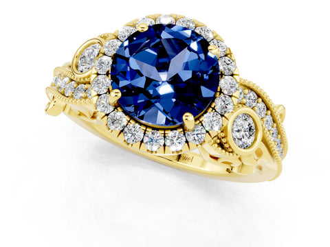 Yellow gold Round Cut Blue Sapphire Halo Ring with Milgrain Pavé Band and Four-Prong Setting_13