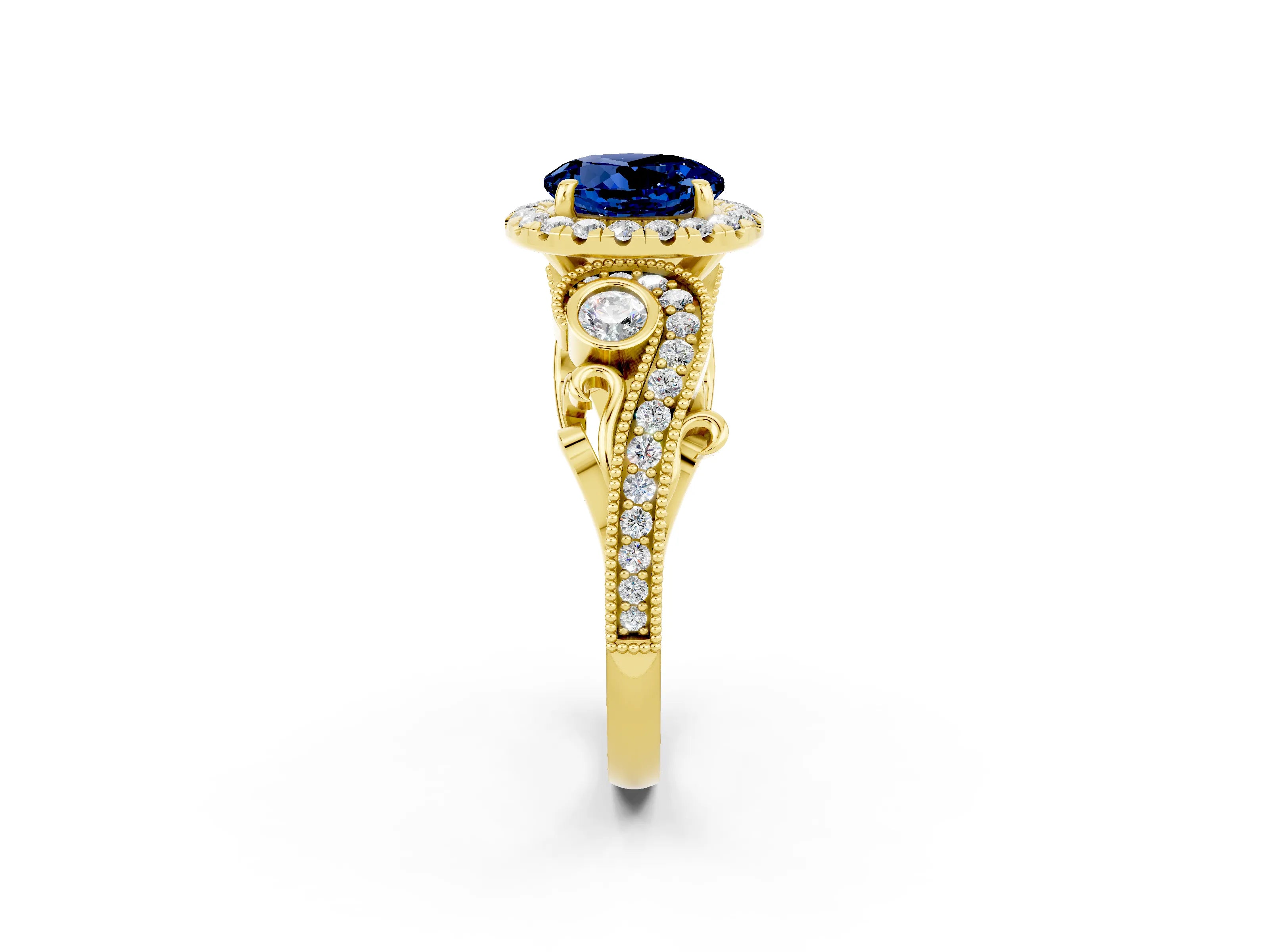 Yellow gold Round Cut Blue Sapphire Halo Ring with Milgrain Pavé Band and Four-Prong Setting_14