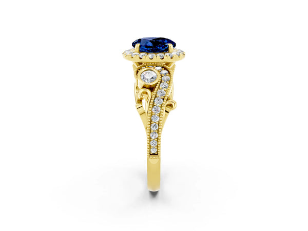 Yellow gold Round Cut Blue Sapphire Halo Ring with Milgrain Pavé Band and Four-Prong Setting