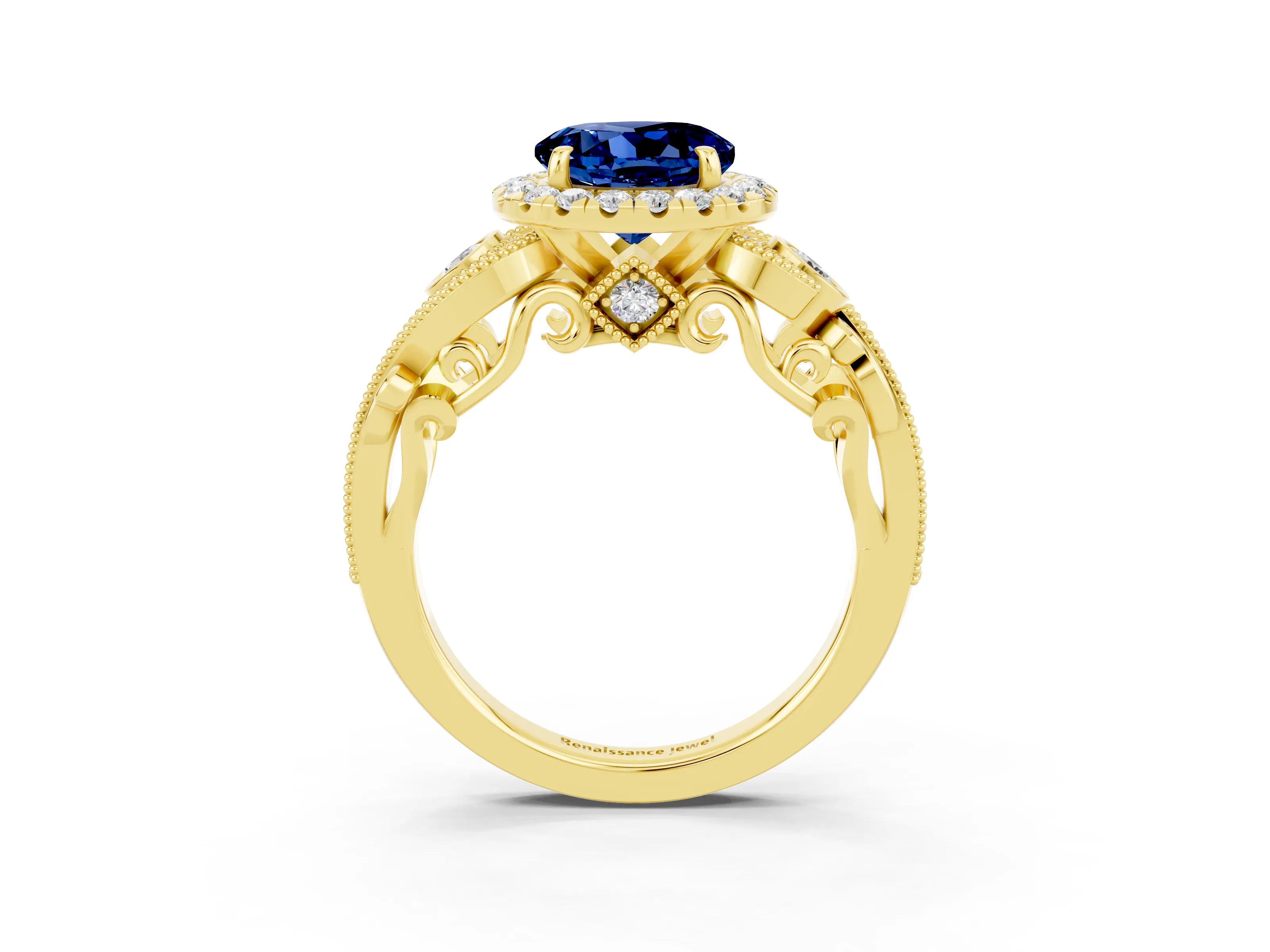 Yellow gold Round Cut Blue Sapphire Halo Ring with Milgrain Pavé Band and Four-Prong Setting_15