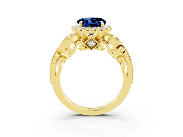 Yellow gold Round Cut Blue Sapphire Halo Ring with Milgrain Pavé Band and Four-Prong Setting