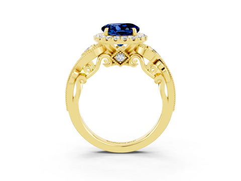 Yellow gold Round Cut Blue Sapphire Halo Ring with Milgrain Pavé Band and Four-Prong Setting_15