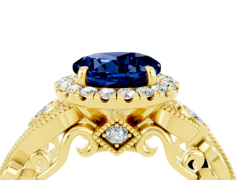 Yellow gold Round Cut Blue Sapphire Halo Ring with Milgrain Pavé Band and Four-Prong Setting_16