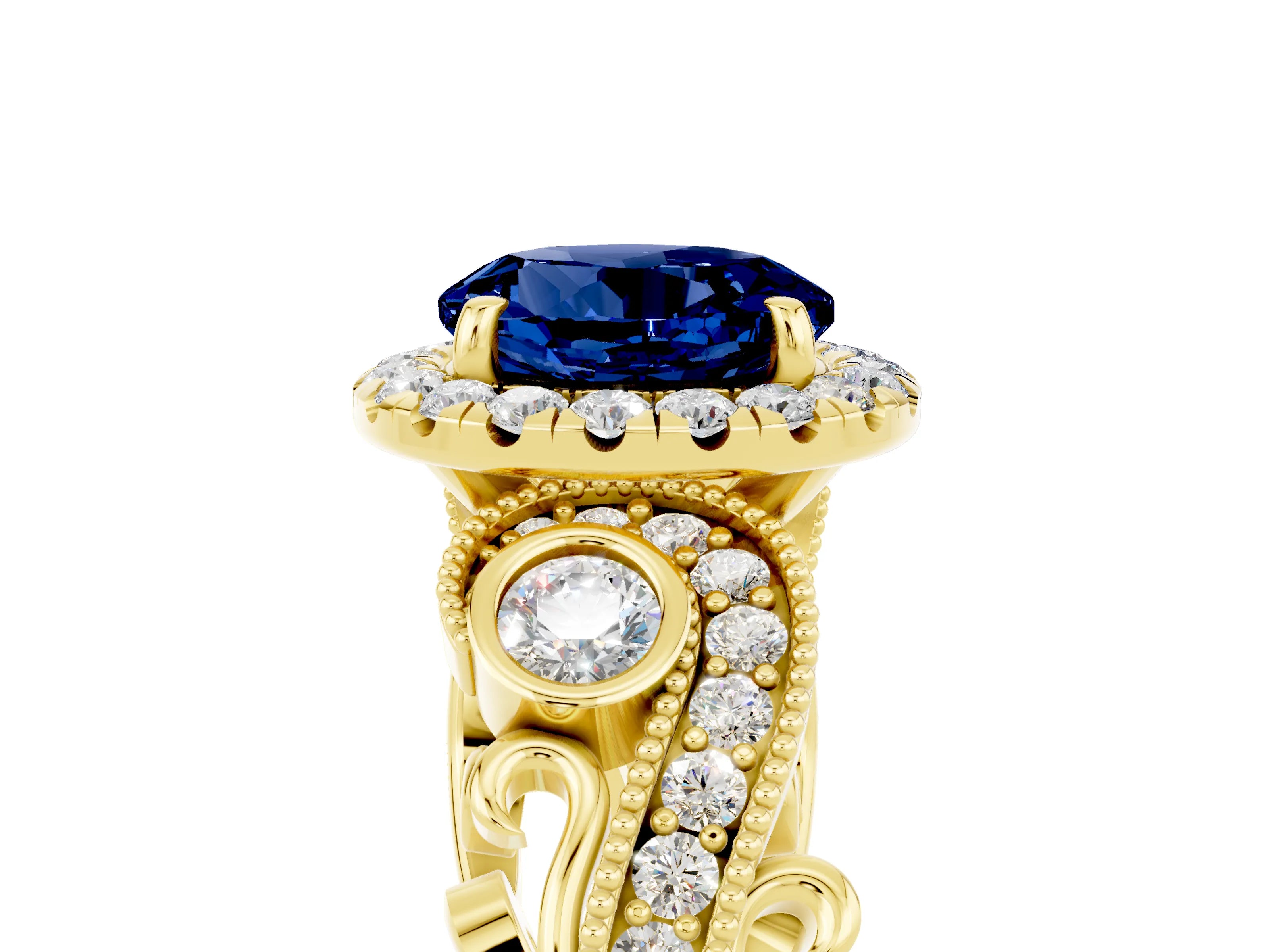 Yellow gold Round Cut Blue Sapphire Halo Ring with Milgrain Pavé Band and Four-Prong Setting_17