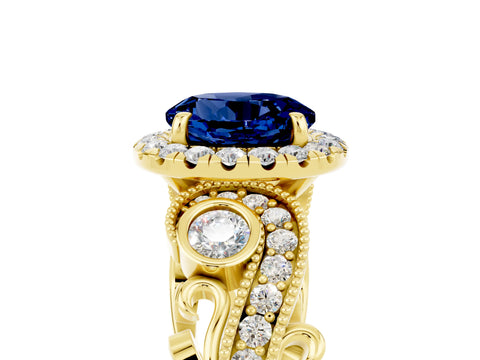 Yellow gold Round Cut Blue Sapphire Halo Ring with Milgrain Pavé Band and Four-Prong Setting_17