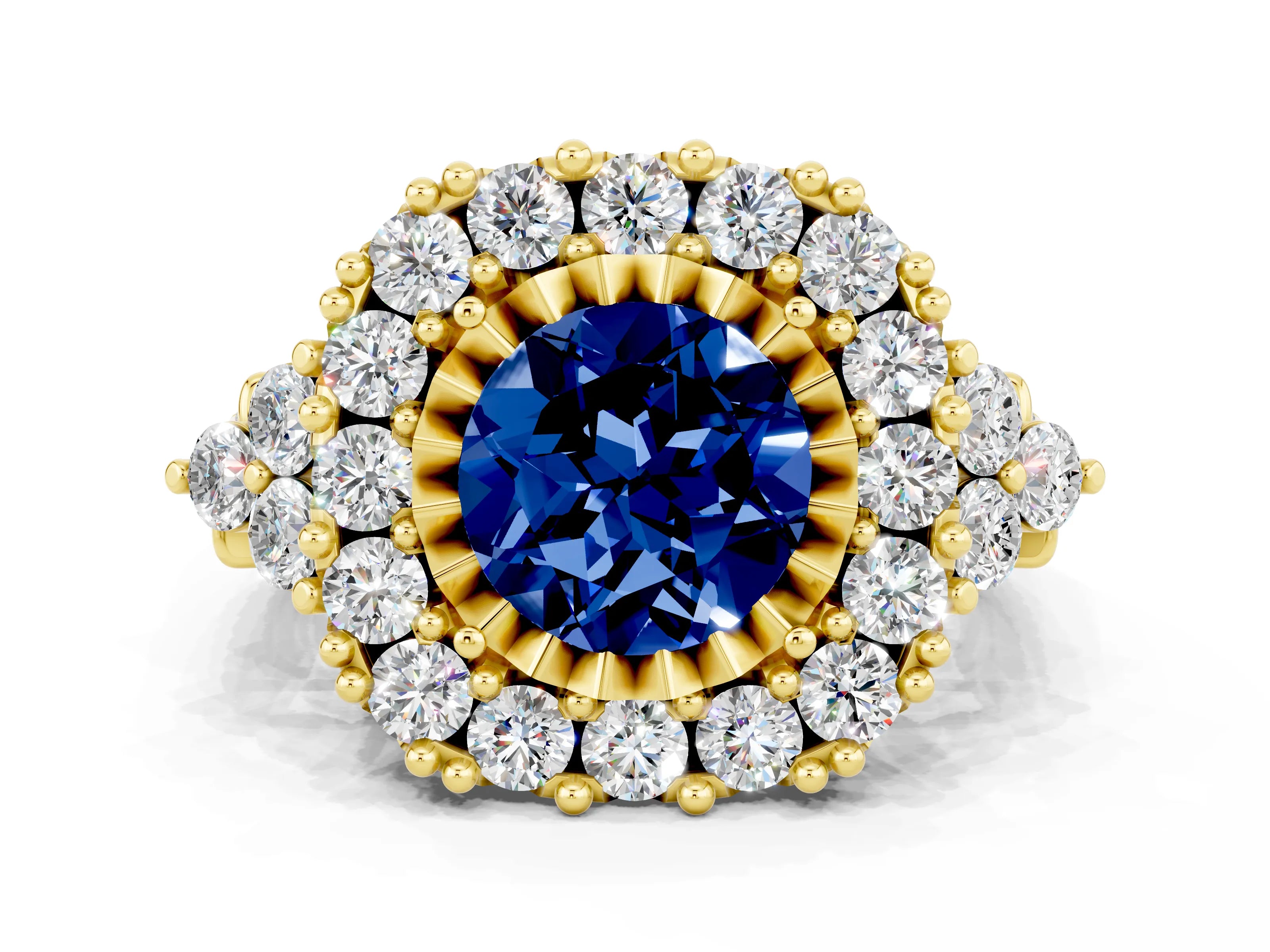 Yellow gold Round Cut Blue Sapphire Halo Ring with Pavé Band and Four-Prong Setting_12