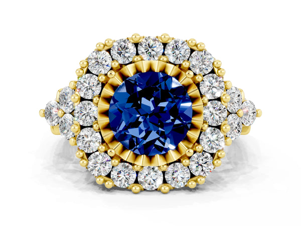 Yellow gold Round Cut Blue Sapphire Halo Ring with Pavé Band and Four-Prong Setting