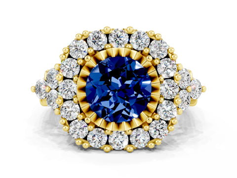 Yellow gold Round Cut Blue Sapphire Halo Ring with Pavé Band and Four-Prong Setting_12