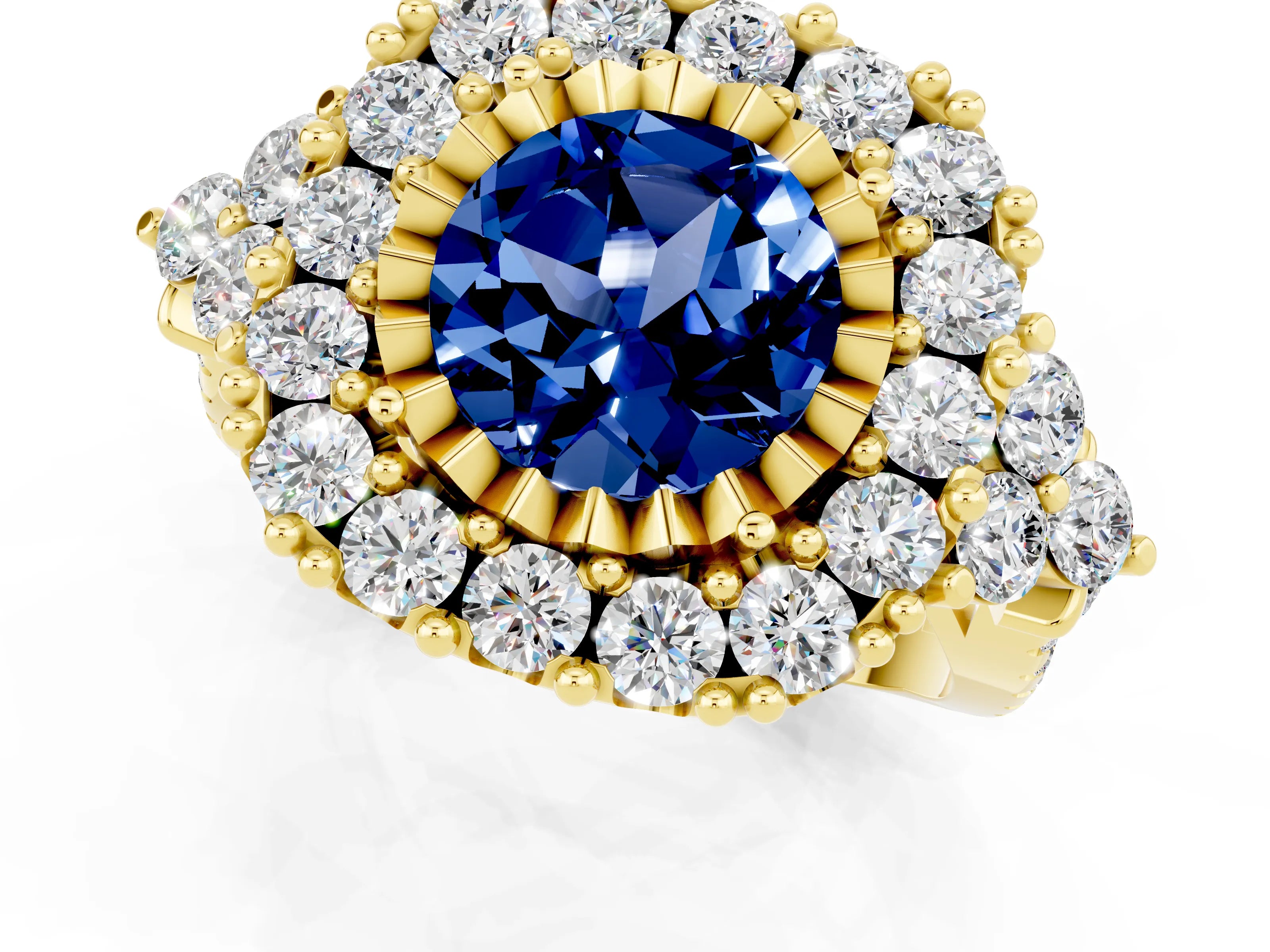 Yellow gold Round Cut Blue Sapphire Halo Ring with Pavé Band and Four-Prong Setting_13