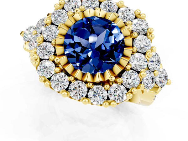 Yellow gold Round Cut Blue Sapphire Halo Ring with Pavé Band and Four-Prong Setting
