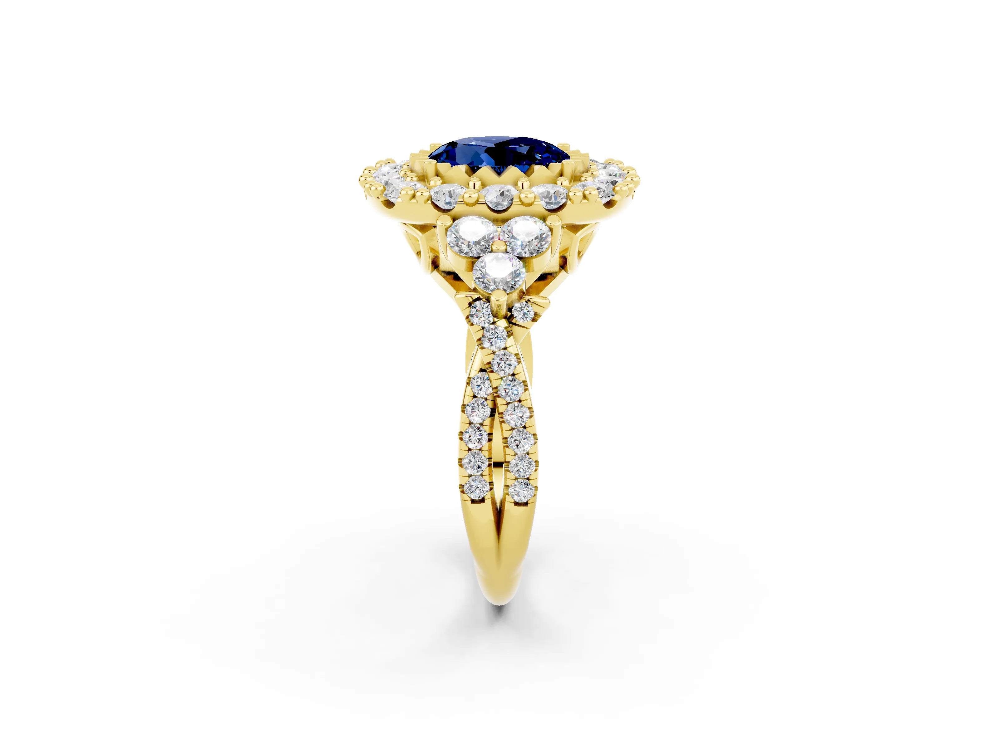 Yellow gold Round Cut Blue Sapphire Halo Ring with Pavé Band and Four-Prong Setting_14