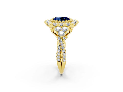 Yellow gold Round Cut Blue Sapphire Halo Ring with Pavé Band and Four-Prong Setting_14