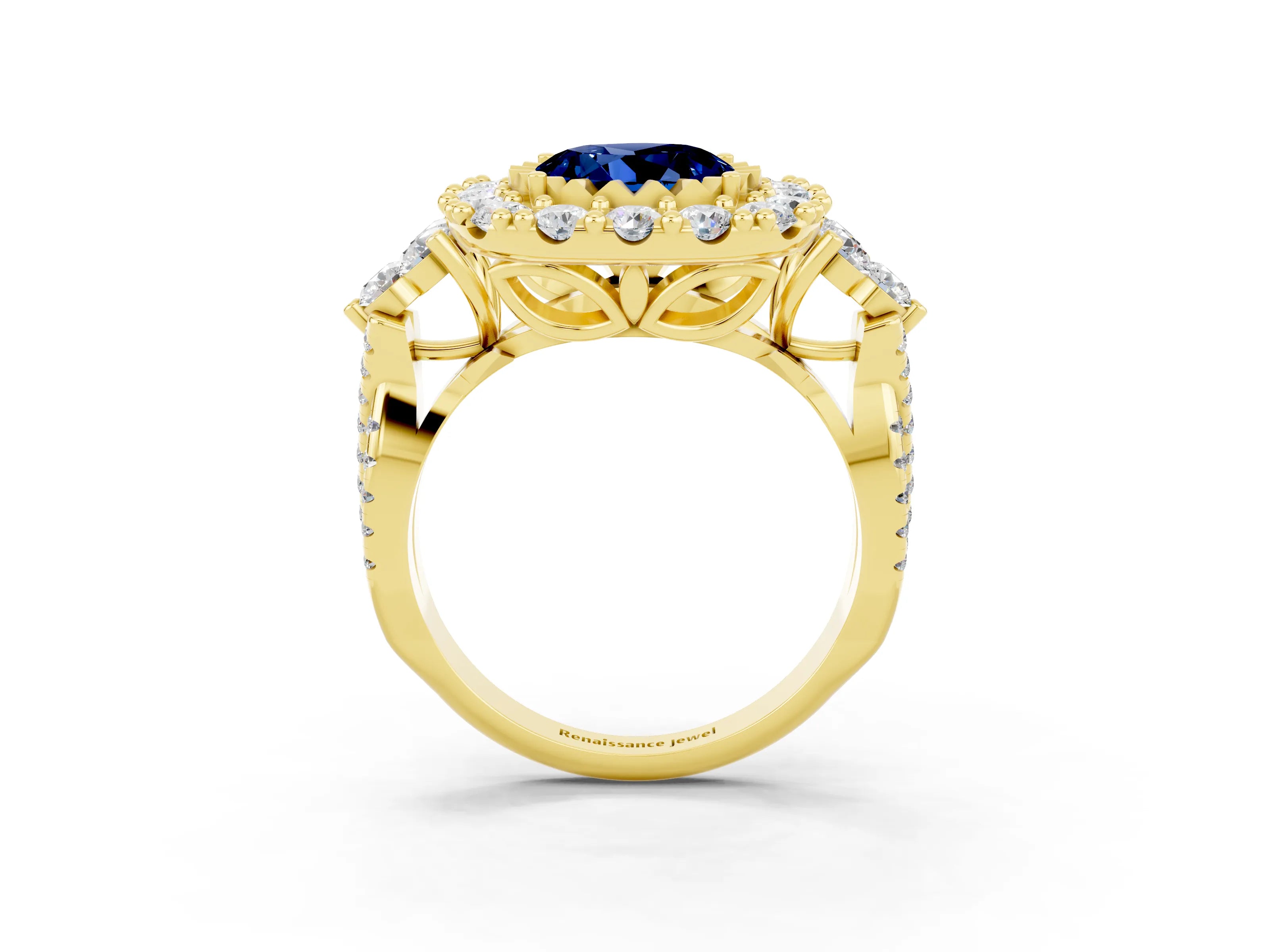 Yellow gold Round Cut Blue Sapphire Halo Ring with Pavé Band and Four-Prong Setting_15